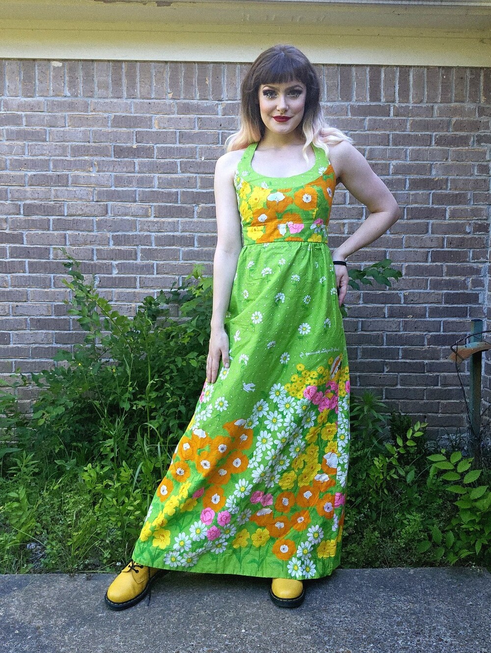 1970's Vintage Malia Honolulu Neon Floral Print Maxi Dress